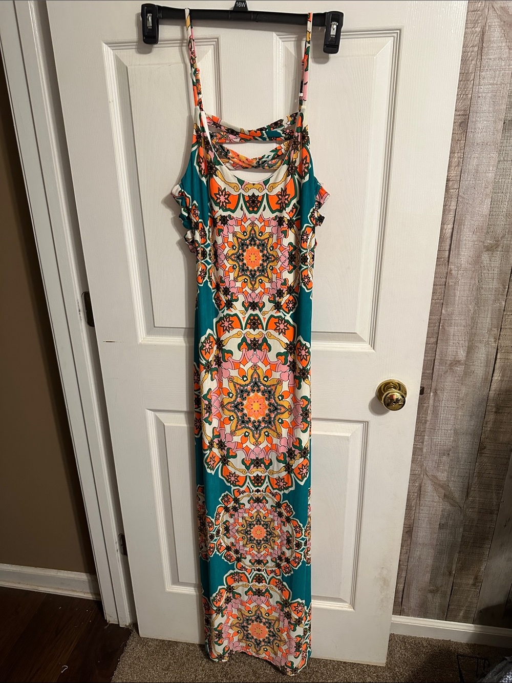 Fashion Nova Teal Maxi Dress with Pink & Orange Medallion Print